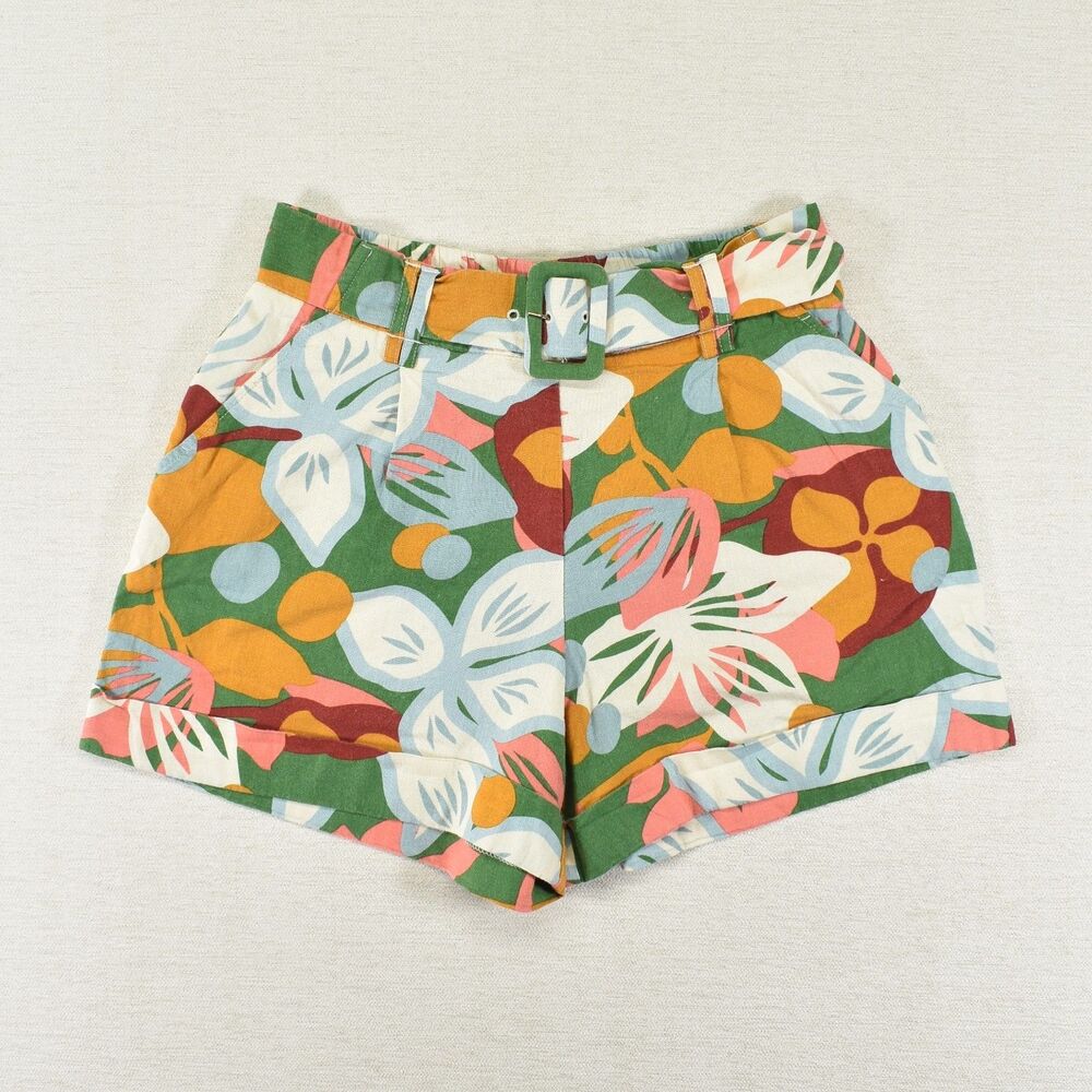 Maison d'Amelie Linen Blend Belted Floral Shorts Size 6 High Waist Tropical